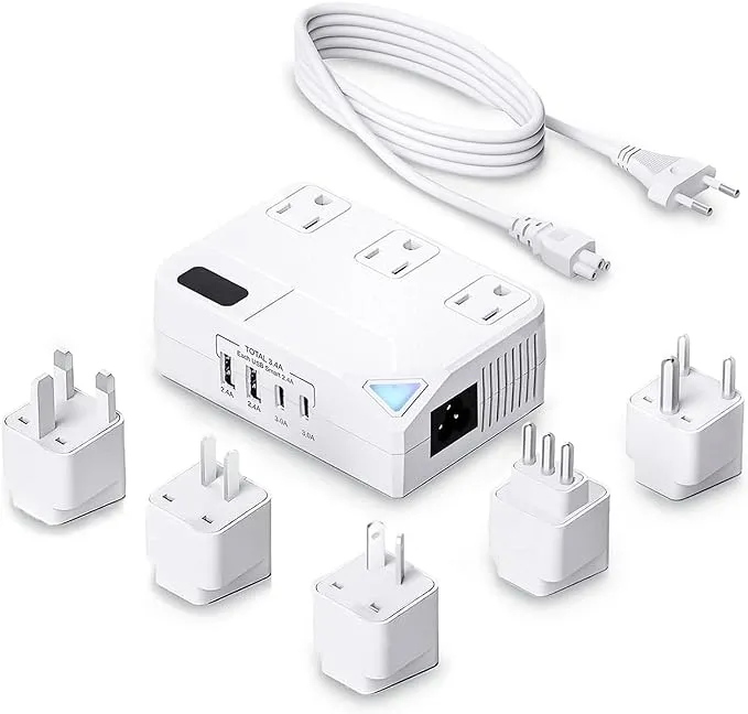 Universal 100V-220V Travel Converter，250W Voltage Converter with 2 USB and 2 USB-C Charging Ports and 3 AC Plugs for curlers, straighteners, Included Plugs are Type A, C, D, G, I, L, white