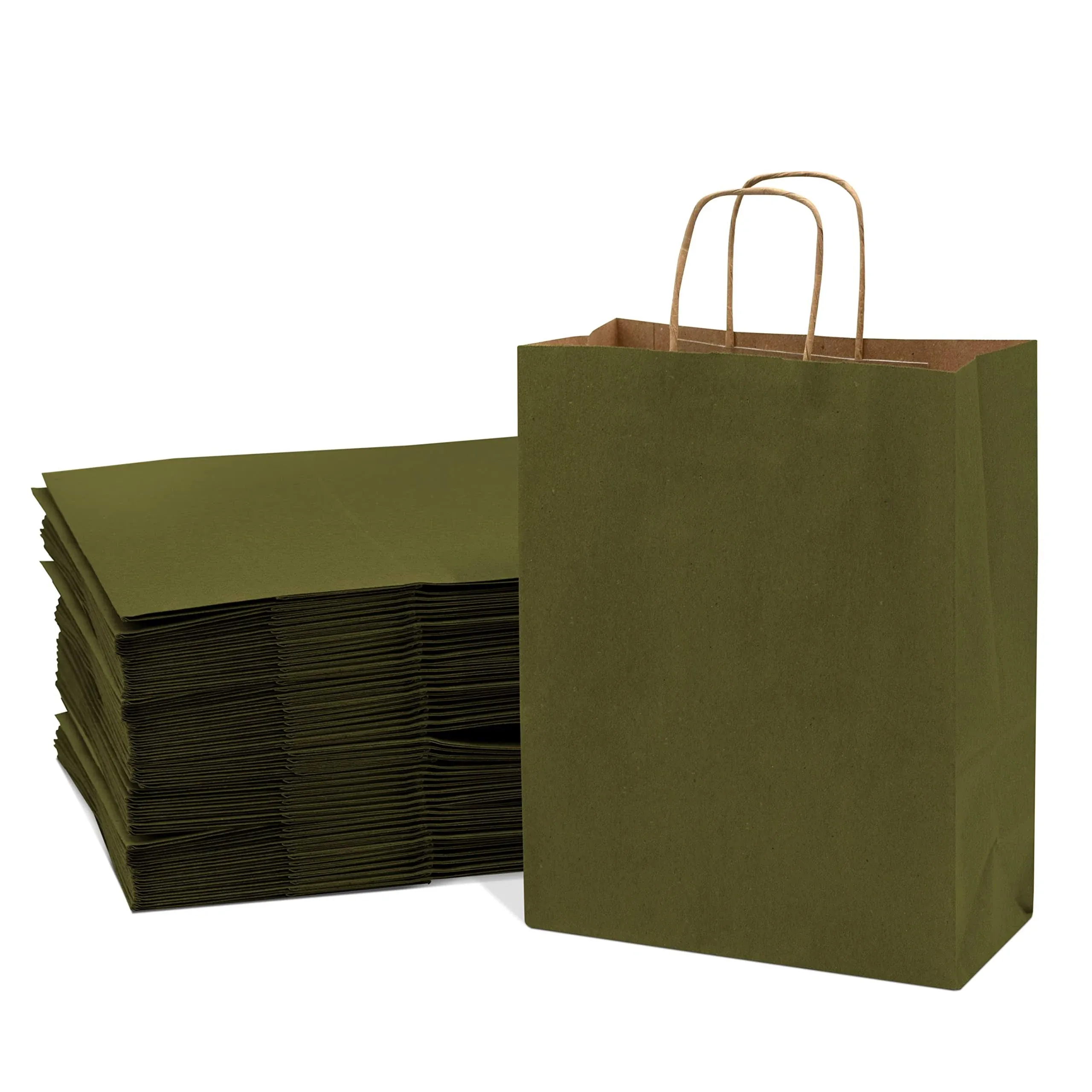 Olive Green Paper Bags with Handles, 10x5x13 / Olive / 100 PCS.