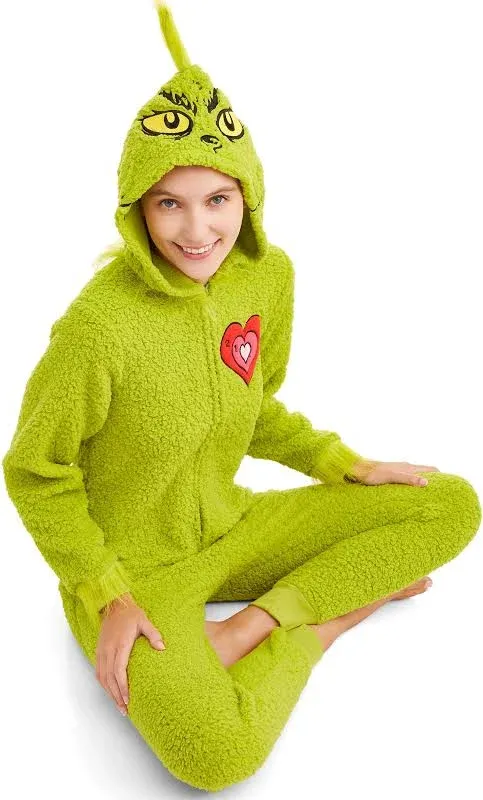 The Grinch Women's Fuzzy Plush Warm Holiday Hooded Union Suit Pajamas