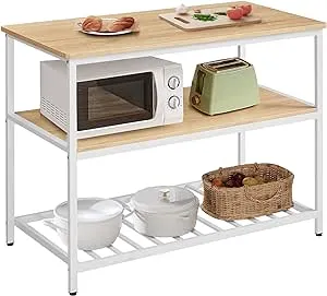 VASAGLE Kitchen Island with 3 Shelves, 47.2 Inches Width Kitchen Shelf with Large Worktop, Stable Steel Structure, Industrial, Easy to Assemble, Oak Color and White UKKI001W09