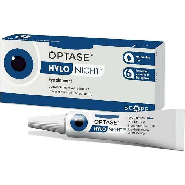 Optase HYLO Night Dry Eye Ointment — Ночной гель для глаз для сухих глаз — Мазь для глаз без консервантов для сухих глаз в ночное время — Успокаивающая смазка PM для лечения сухости глаз, блефарита и ячменя — 0,18 унции