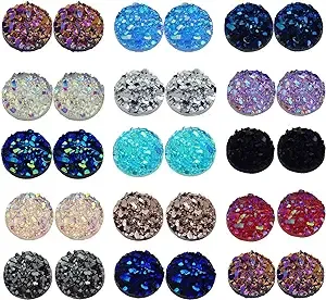 300Pcs 12mm Resin Round Faux Drusy Cabochons Flat Back Cameo Beads Craft Jewe...