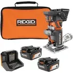 Ridgid R860443B-AC93044SBN 18V Octane Brushless Compact Fixed Base Router with Accessories, (2) 4.0 Ah Batteries, Charger and Bag