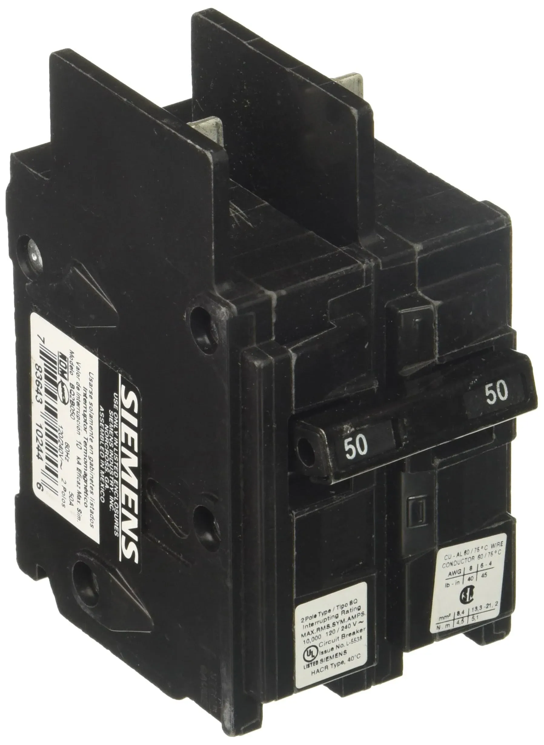 Siemens BQ2B050 50-Amp Double Pole 120/240-Volt 10KAIC Lug Out Breaker