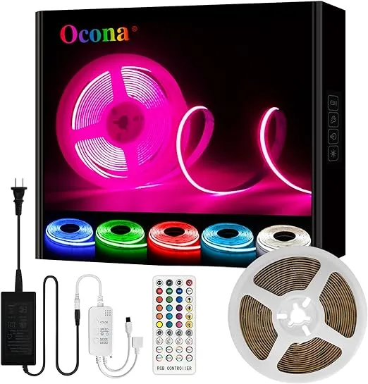 RGB COB Led Strip Kit, 16.4FT Ultra Bright (840LEDs/m) Bluetooth Led Lights with Smart App Control Remote, 24V Music Sync Led Lights, Color Changing Led Strip Lights for Bedroom, Indoor Home Decor