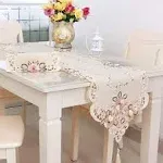 LeLehome 15 inch x 96 inch Classic Flowers Embroidered Table Runner, Floral Lace Fabric Table Top Home Decoration - Beige Flower