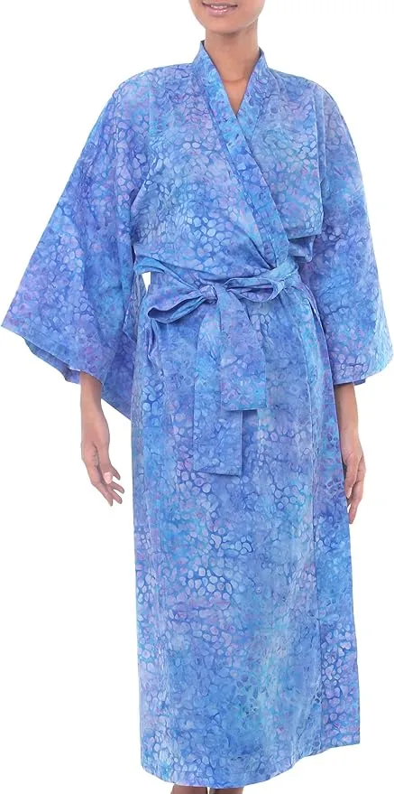 NOVICA Artisan Handmade Cotton Batik Robe Women's Clothing Blue Patterned Indonesia Floral ' Rushing River'