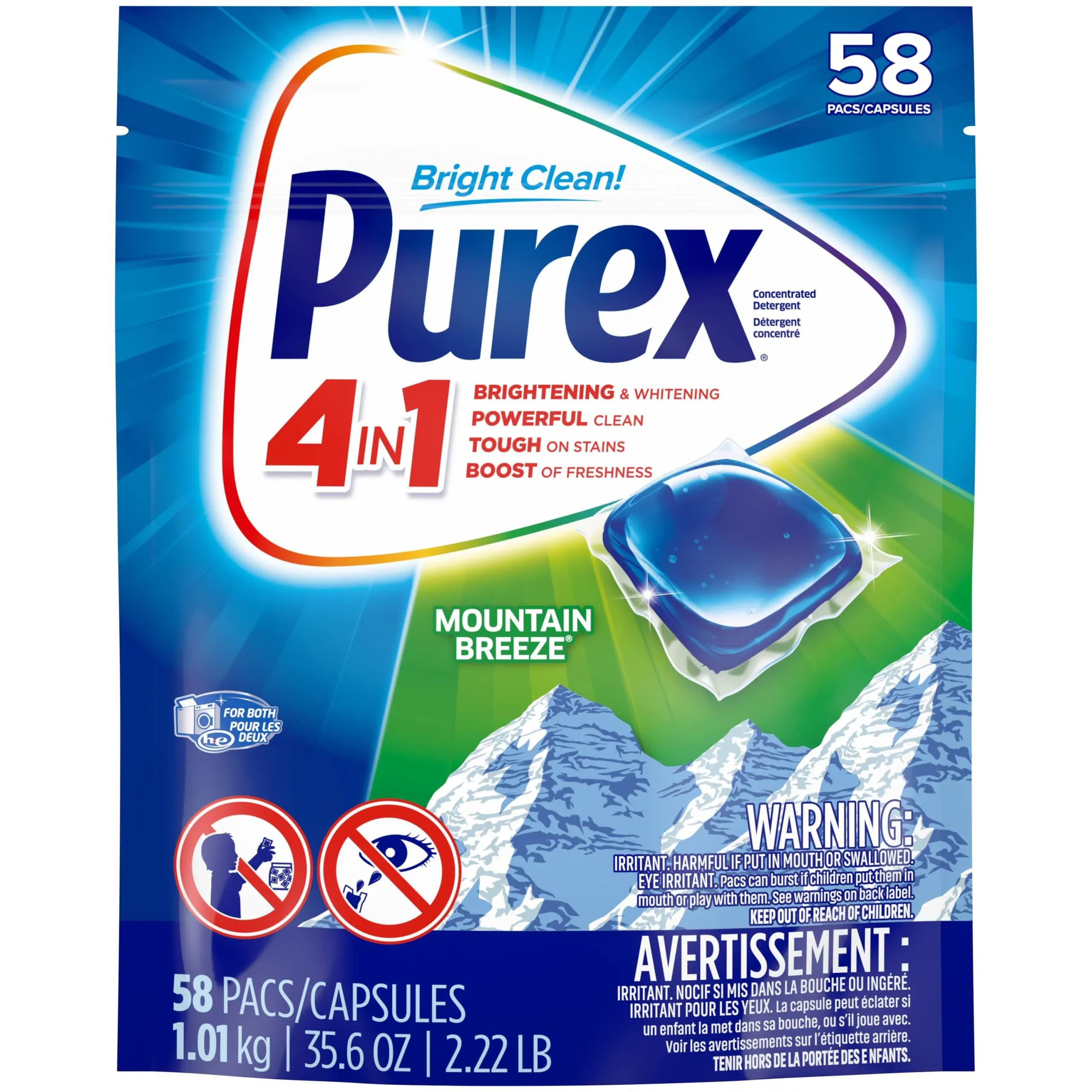 Purex Detergent, Mountain Breeze, 4 in 1, Pacs - 58 pacs, 1.01 kg