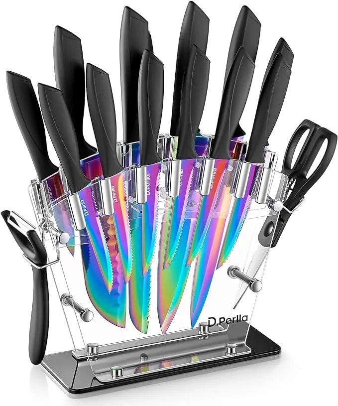 Knife Set, D.Perlla Rainbow Titanium Knife Block Set, 16 Pieces High Carbon Stainless Steel Kitchen Knife with Acrylic Stand, Non Slip Handle