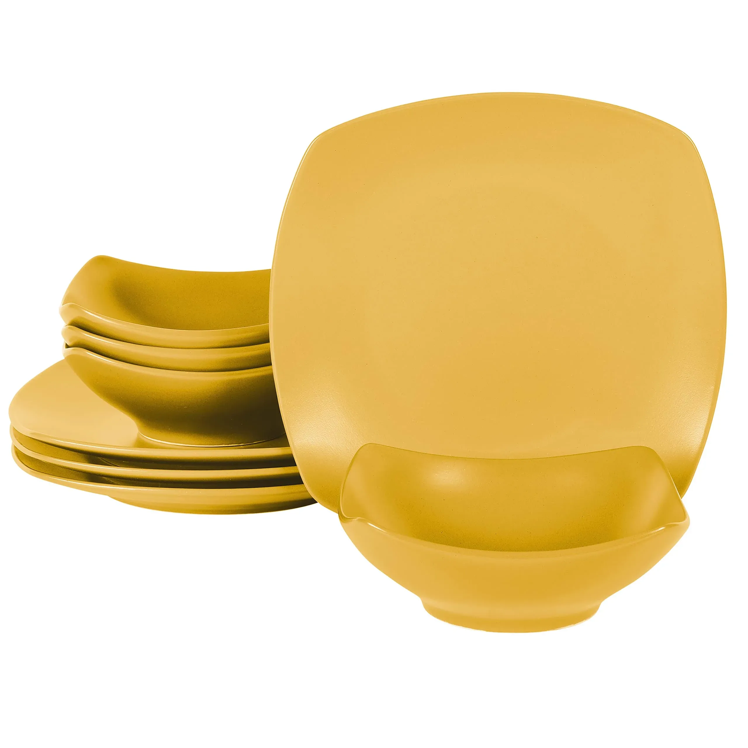 Gibson Home 8 Piece Square Stoneware Dinnerware Set in Matte Yellow Freesia