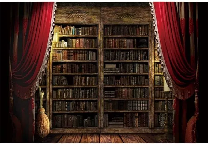 Ancient Library with Red Curtain Background 7x5ft Classical Study Bookshelf Wizard Magic Bookshelf Backdrop for Halloween Party Teacher Student Adults Portrait Photoshoot Studio Props Vinyl