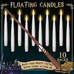 Rechargable Floating Candles with Wand, Magic Hanging Candle Flickering Warm Lights with Remote, Halloween Decorations Flameless Taper LED Candles for Home Window Christmas Wedding Party Decor-8 Pack