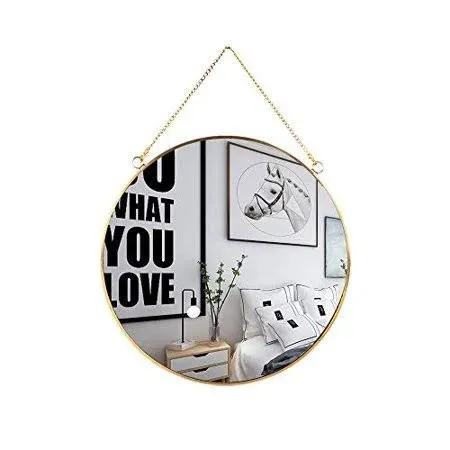 LONGWIN Hanging Wall Circle Mirror Decor Gold Geometric Mirror with Chain for Bathroom Bedroom Living Room 9.8"