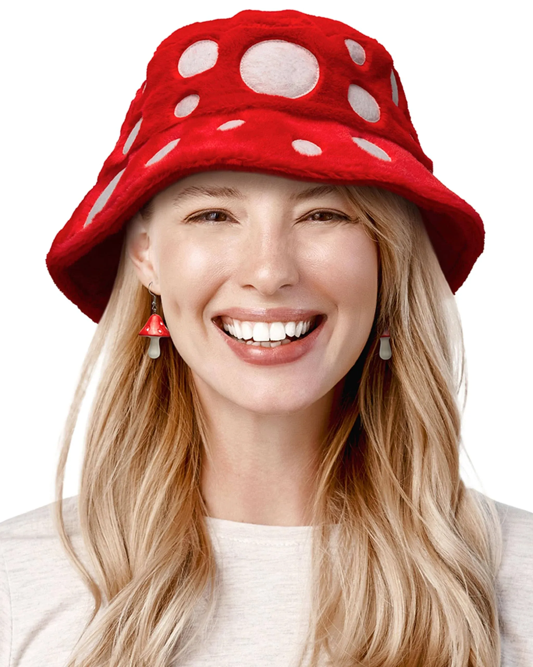 Shrumiez Red Mushroom Hat - Mushroom Bucket Hat for Mario Toad Toadstool Toadette Rave Cosplay Costume Outfit Adult Women Men