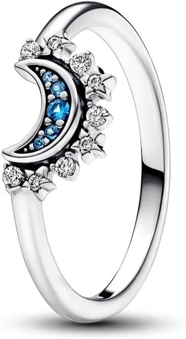 Pandora Celestial Blue Sparkling Moon Ring Sterling Silver / 6