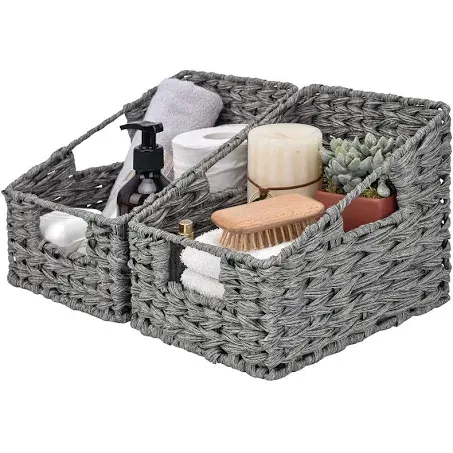 GRANNY SAYS Wicker Basket with Handles, Odorless Woven Trapezoid Basket Waterproof for Organizing, Decorative Storage Wicker Baskets for Storage Photo Books, Ash Gray, 2-Pack