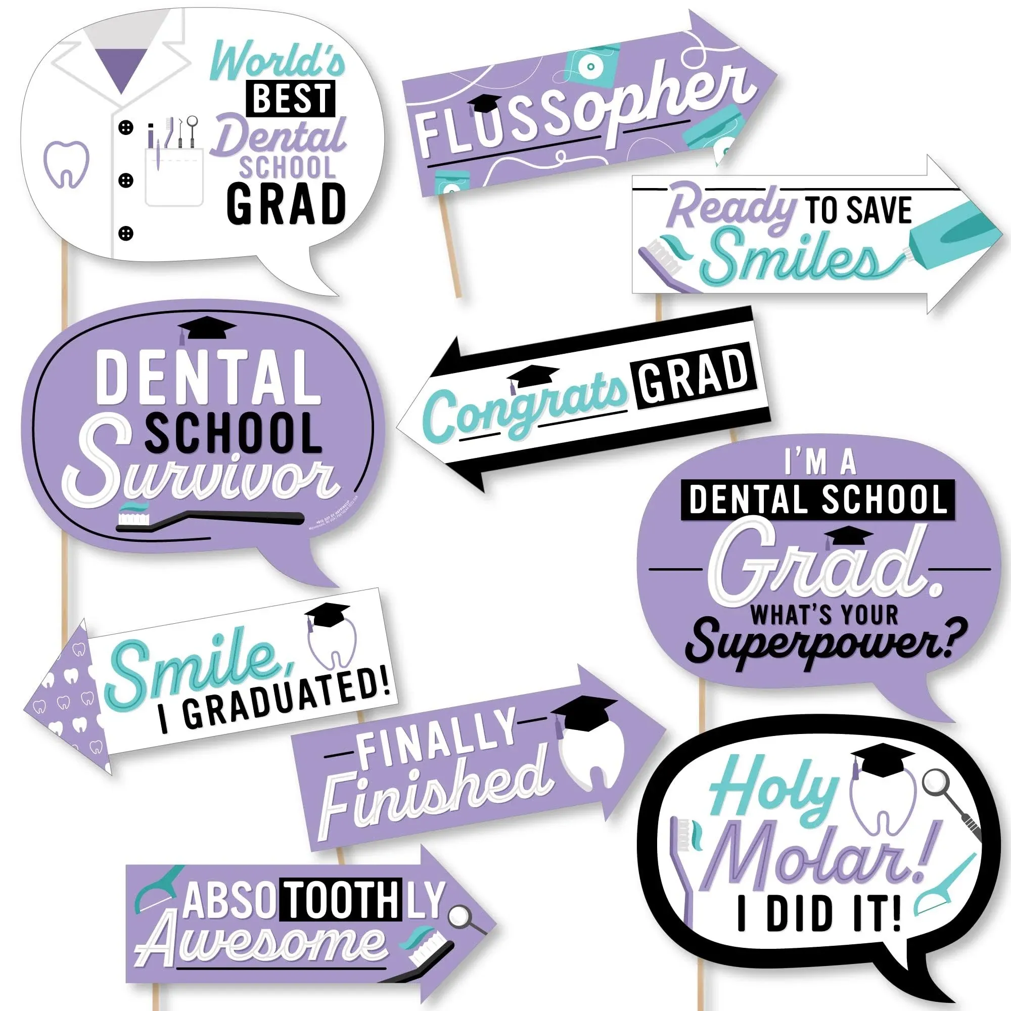 Funny Dental School Grad -  Graduation Party Photo Booth Props Kit - 10 Piece