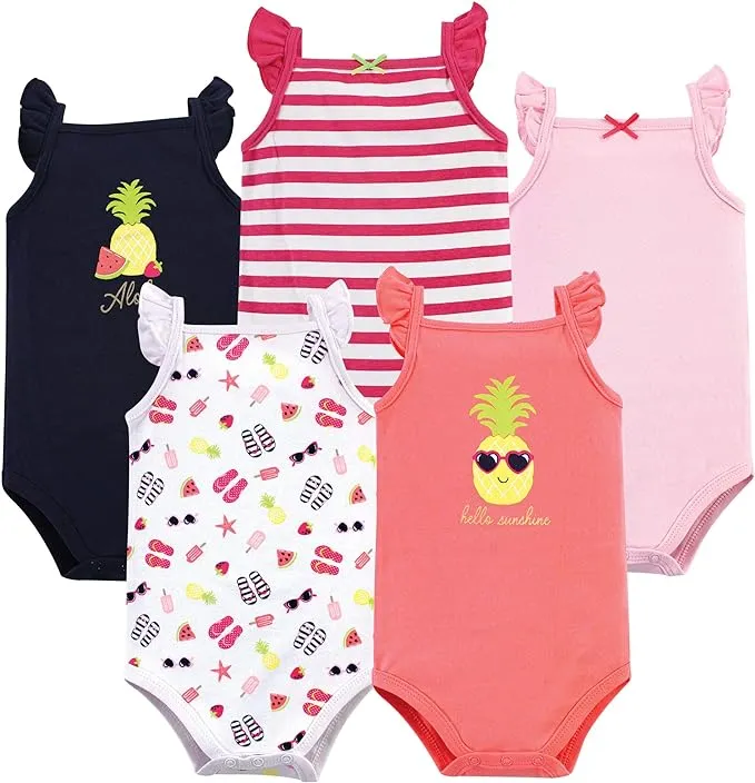 Hudson Baby Infant Girl Cotton Sleeveless Bodysuits 5pk, Hello Sunshine