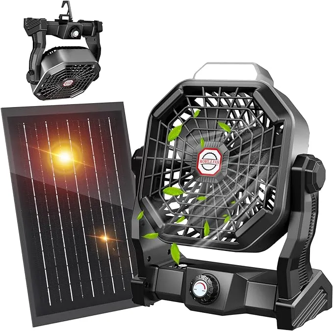 Drchop 10400mAh Solar Fan, Camping Fan with Solar Panel, 7W 9-Inch Rechargeable Battery Operated Fan for Outside, LED Lantern, Stepless Speed and Quiet