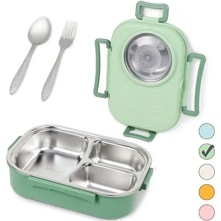 Puraville Stainless Steel Bento Lunch Box for Kids and Adults,Stackable BPA-Free Food Containers with 3 Compartments and Reusable Sauce Bowl, Fork and Spoon, (1000ml/34oz,Skyblue)