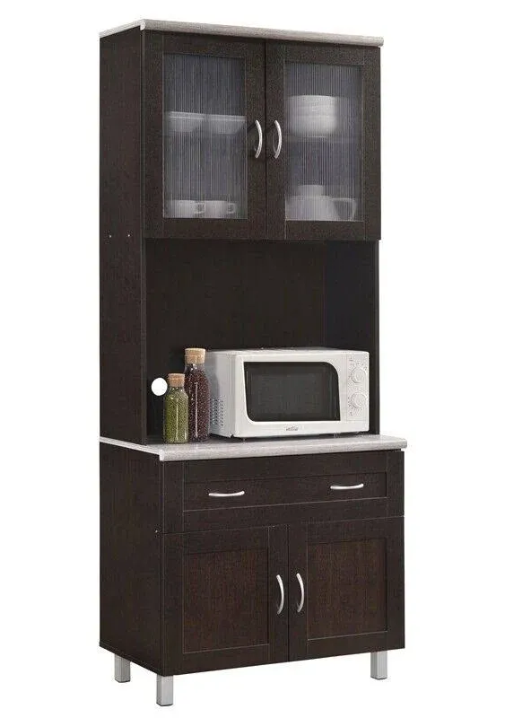 Hodedah Kitchen Cabinet Top and Bottom Enclosed Cabinet Space in Chocolate Wood