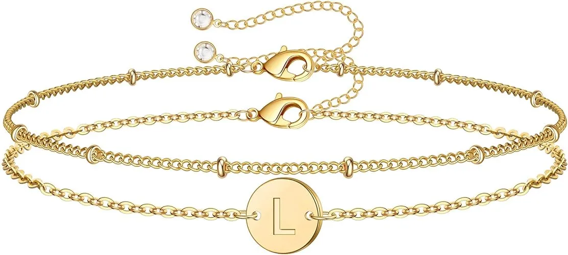 MONOZO Gold Initial Bracelets for Women, Dainty 14K Gold Filled Layered Beaded Letter Initial Bracelet Personalized 26 Alphabet Disc Monogram Charm Bracelet Jewelry Gifts for Her