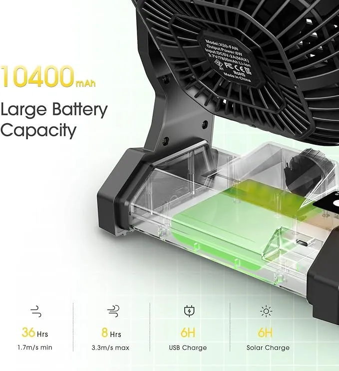 JINLICTE 10400mAh Solar Fan, Camping Fan with Solar Panel, 7W Rechargeable Solar Powered Fan for Outside, LED Lantern, Stepless Speed and Quiet