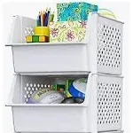 Skywin Plastic Stackable Storage Bins for Pantry - 2 Pack Stackable Bins for Organizing Food, Kitchen, and Bathroom Essentials (White)