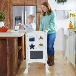 Guidecraft Classic Kitchen Helper® Stool - White with Keepers and Non-Slip Mat: Foldable, Adjustable Height Safety Cooking Tower for Toddlers with Chalkboard | Kids Learning Platform