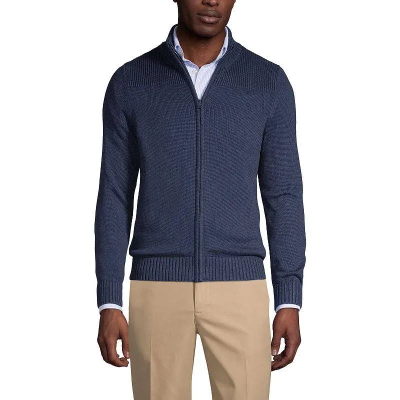 Lands' End Men's School Uniform Cotton Modal Zip Front Cardigan Sweater - Classic Navy