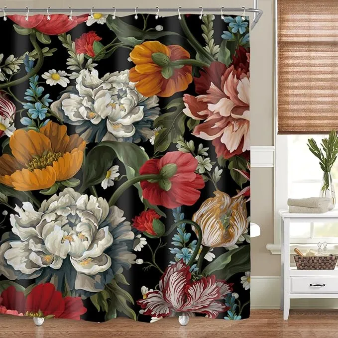 Riyidecor Fabric Floral Colorful Bright Shower Curtain for Bathroom Decor 72Wx72H ...