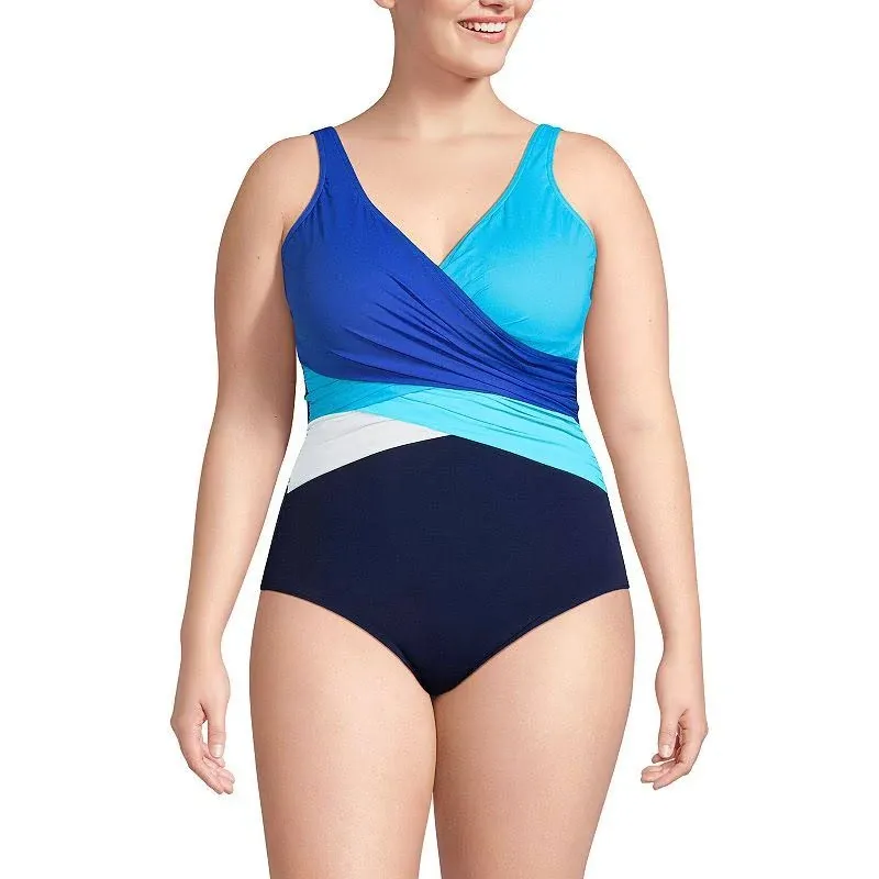 Plus Size Lands' End SlenderSuit Tummy Control Surplice One-Piece Swimsuit