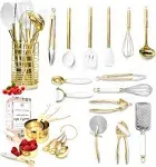 White and Gold Kitchen Utensils Set - 23 Piece Luxe White and Gold Kitchen Accessories Include Gold Measuring Cups and Spoons