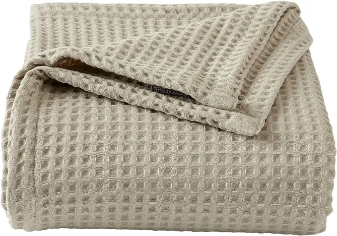 100% Cotton Waffle Weave Bed Blanket | Soft, Breathable, and Lightweight Blanket for All-Season | Perfect for Layering | Brielle Collection (Full/Queen, Linen)