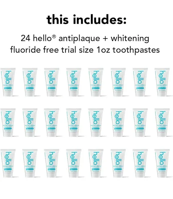 Hello Antiplaque and Whitening Fluoride Free Travel Toothpaste, 1 Ounce (Pack of 24), Natural Peppermint with Tea Tree and Coconut Oil, Vegan, SLS Free, Gluten Free and Peroxide Free