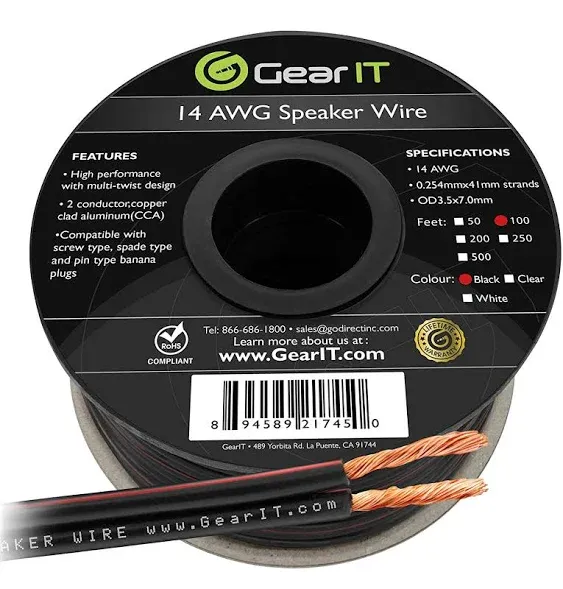 GearIT Speaker Wire Audio Cable CCA 2x2.5mm (30.48 Meters - Black) Copper Clad Aluminum - Great for Hi-Fi Home Theater and Car Speakers - 14 Gauge AW