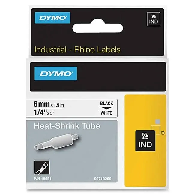 Dymo 18051 Rhino Heat Shrink Tubes Industrial Label Tape,1/4&#034; x 5 ft,White/Black