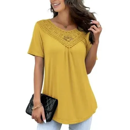 Folunsi Women's Plus Size Summer Tops Short Sleeve Lace Pleated Blouses Tunic ...