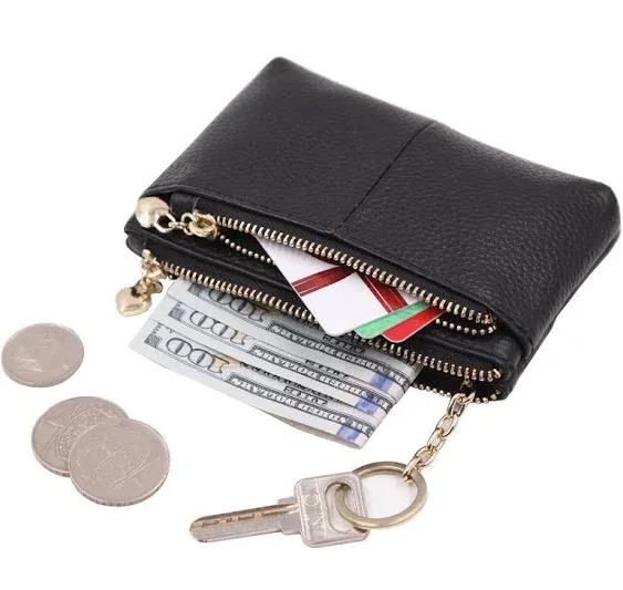 ZOOEASS Women Genuine Leather Zip Mini Coin Purse with Key Ring Triple Zipper Card Holder Wallet (Black)