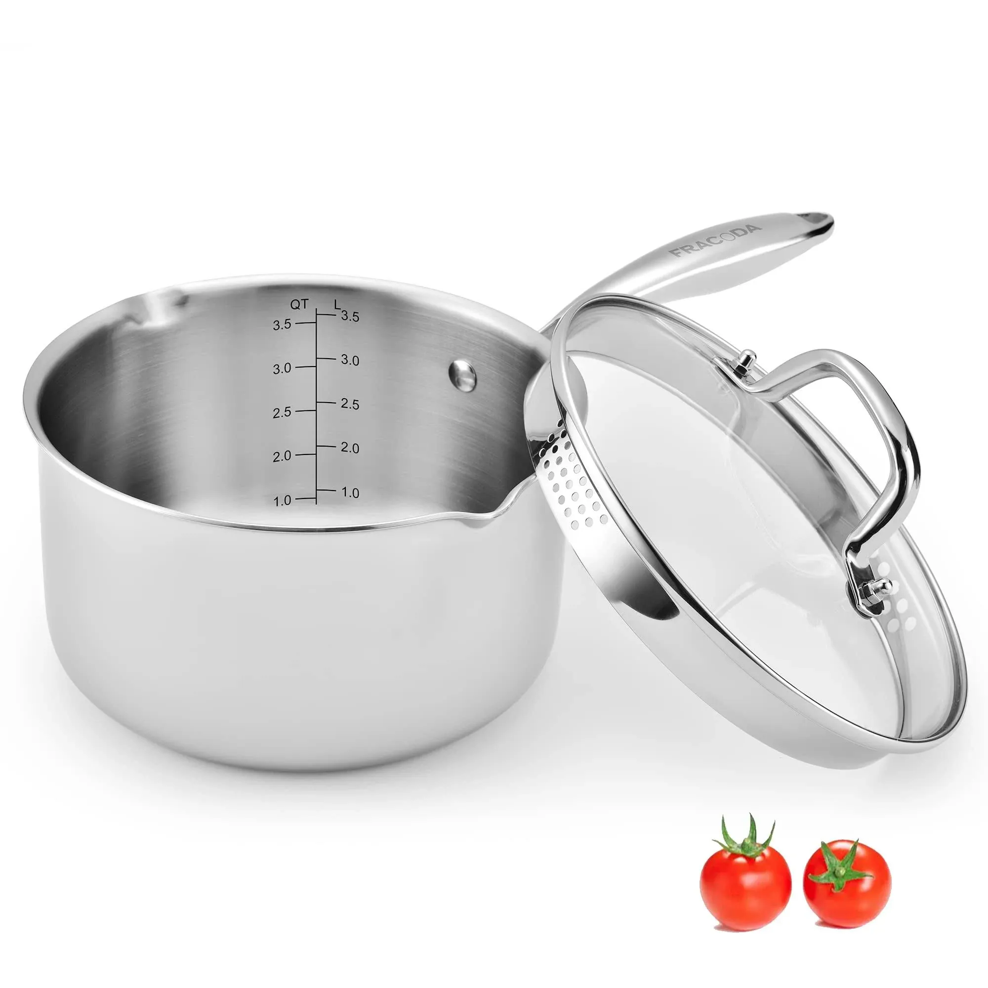 3.5 Quart Stainless Steel Pot Saucepan with Glass Strainer Lid, Sauce Pot with Two Side Spouts, Induction Cooking Pot, Multipurpose Sauce Pan with Lid for Cooking(Tri-Ply Full Body)