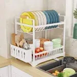 2-Tier Dish Drying Rack with Removable Utensil Holder, Over Sink Dish Drying Rack for Space Saver, Dish Drainers for Kitchen Counter, Rust Resistant Stainless Steel Dish Rack, White