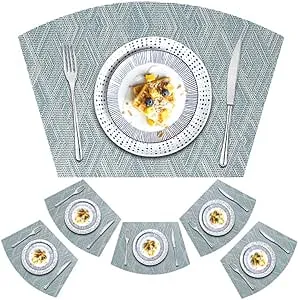 Kreatur Round Table Placemats Set of 6,Woven Vinyl Wedge Placemats Heat Resistant Table Mats Wipe Clean (Light Blue)