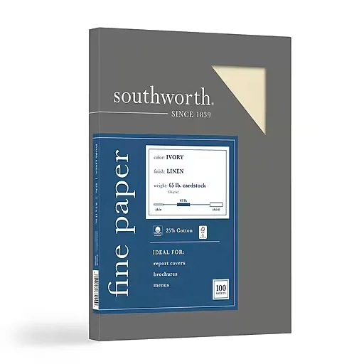 Southworth Paper, Ivory, Cover Stock, 8.5" x 11", Fine Linen - 100 count box