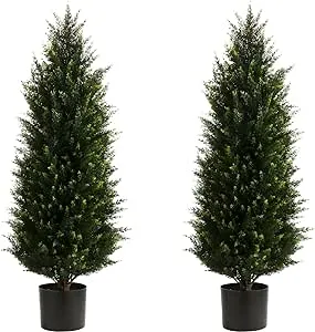 Two 3.2FT Artificial Cedar Topiary Trees, UV Resistant Artificial Pine Outdoor Plants for Front Porch Decor, Fake Greenery Outdoor Plants Cypress Realistic Faux Tree Indoor Christmas Tree