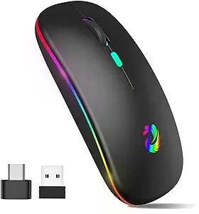 aMZCaSE LED Wireless Mouse, Rechargeable Slim Silent Mice 2.4G Portable Office Optical Mouse with USB Receiver and Type-C Adapter, 3 Adjustable DPI for Laptop, Computer, PC, Notebook, Desktop (Black)