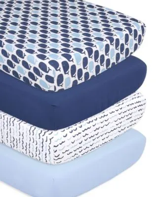 The Peanutshell Nautical Fitted Crib Sheet Set for Baby Boys or Girls - 4 Pack Nursery Set - Solid Blue, Whale Theme, & Waves