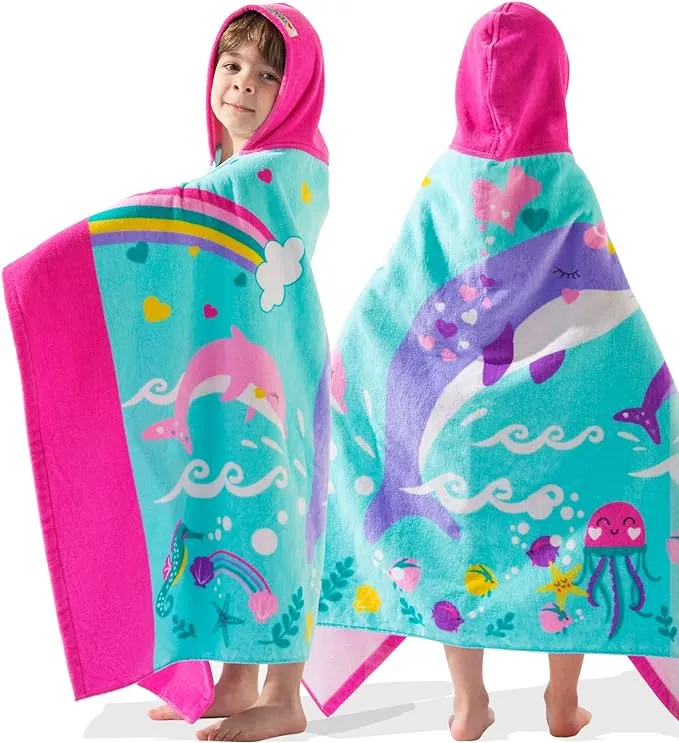 Voova & MOVAS Large Oversized Kids Hooded Bath Towels | Soft Thick Absorbent Cotton (30x50 inches) Beach, Bath, Pool Towels for Girls Ages 3-10 for