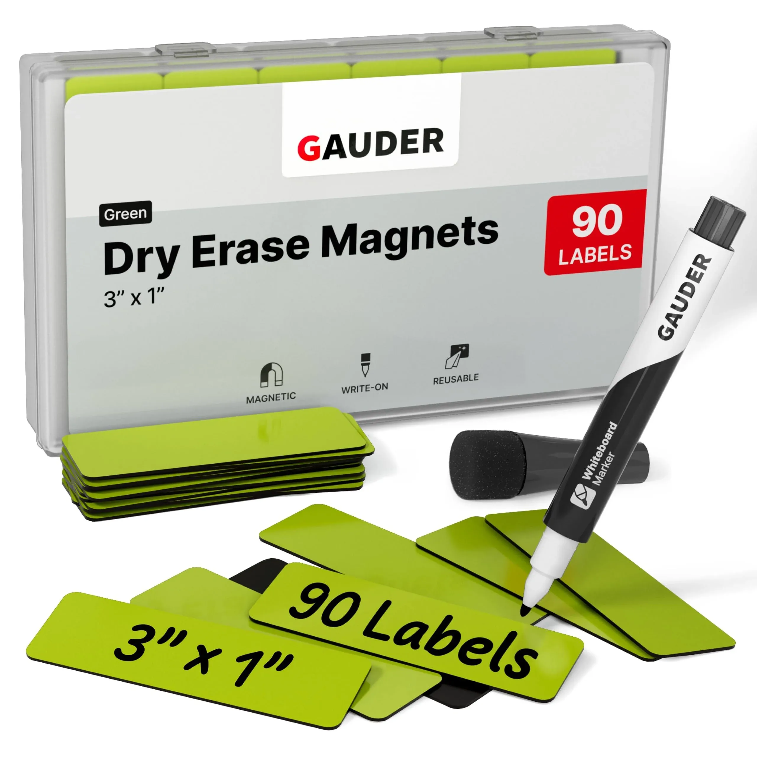 GAUDER Magnetic Dry Erase Labels | 90x Magnetic Labels (3 Inches x 1 Inch) | Dry Erase Magnets for Classroom, Whiteboard and Blackboard