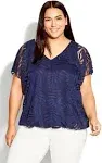 Avenue Plus Size Elora Burnout V-Neck Top - Navy - Size 30W/32W