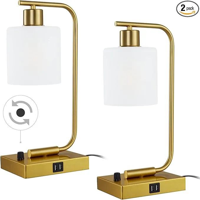 Hamilyeah Gold Table Lamps for Bedroom Set of 2, Stepless Dimmable Desk Lamps for Home Office, Industrial Bedside Lamp with USB Charging Port,Modern Nightstand Lamp with Frosted Glass,Bulb Included